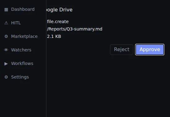 HITL popup window showing a file.create action