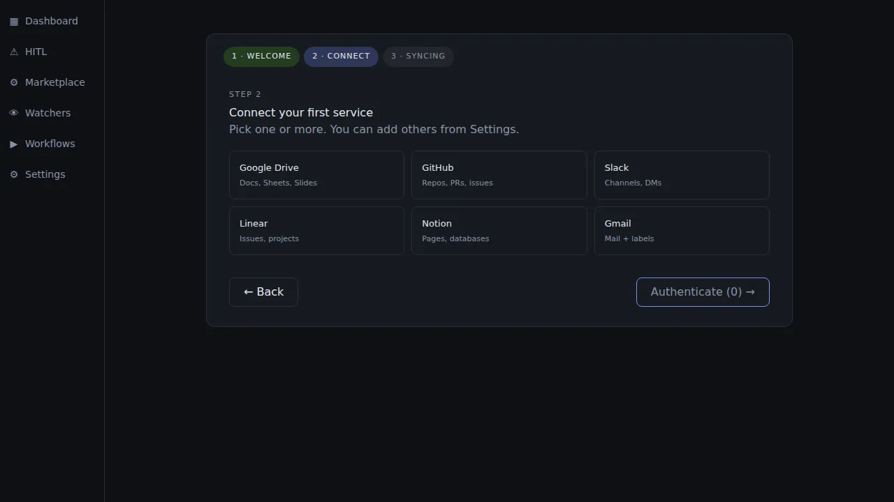 Desktop app onboarding showing the service selection step