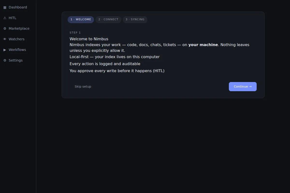 Desktop app first launch showing the onboarding wizard